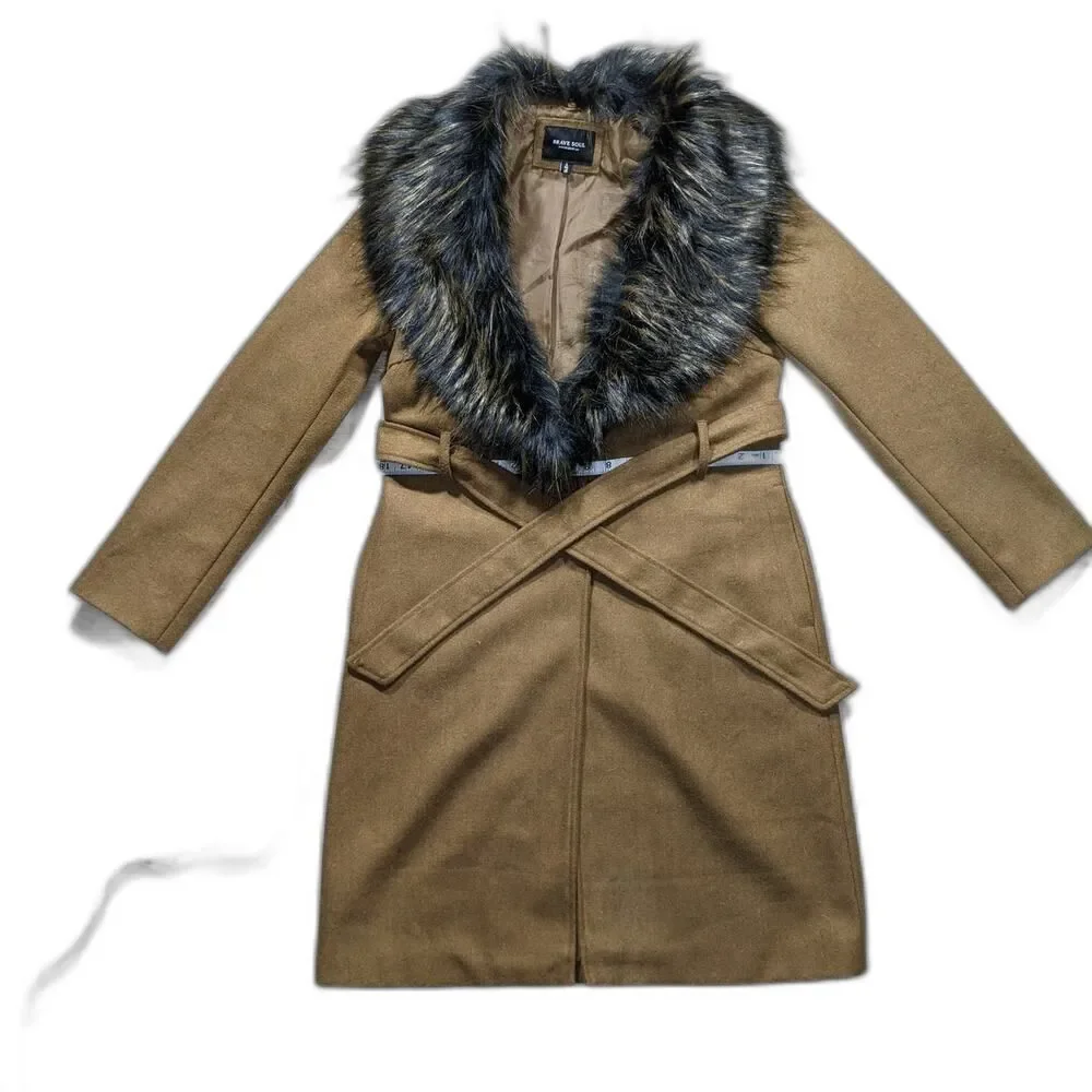Wool Blend Penny lane Faux Fur Collar Belted Wrap Coat W/ S Brown LN/NWOT - Picture 3 of 14